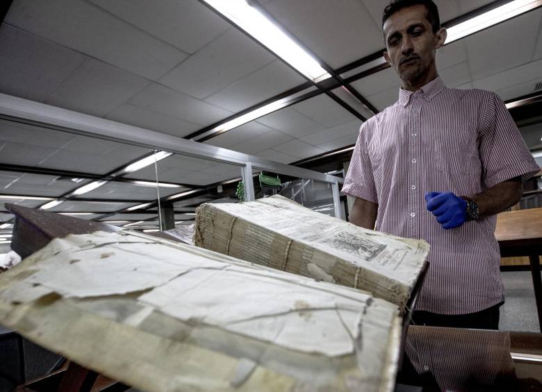 José Luis Arboleda junto al ejemplar más antiguo que tiene la Universidad de Antioquia. Foto: Julio César Herrera Echeverri.