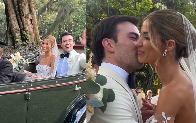 Gabriela Tafur, exreina de belleza colombiana, y Esteban Santos, hijo del expresidente Juan Manuel Santos, en su boda. FOTOS: Tomadas de @miss_coronas·