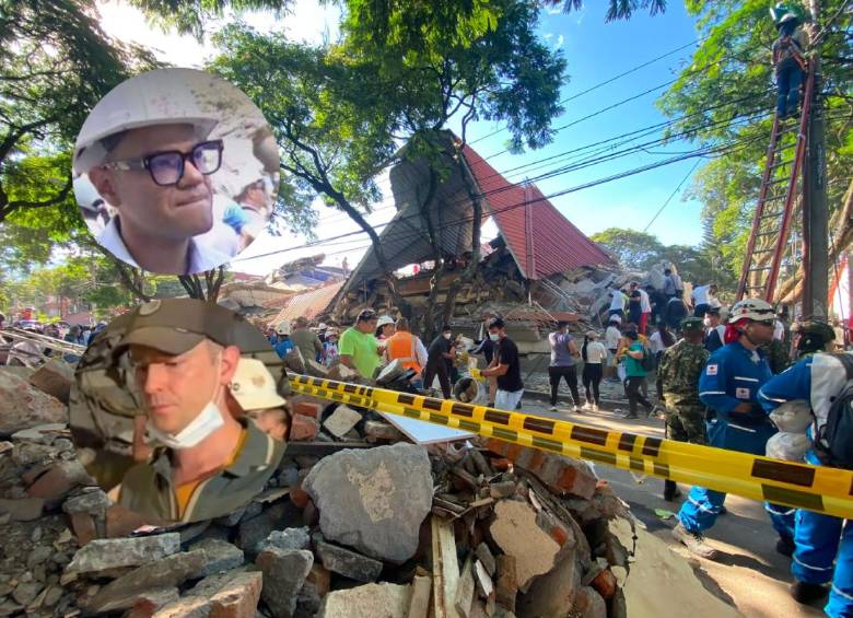 Los dos periodista Jose Fernando Patiño y Carlos Aponte buscan a sus seres queridos atrapados en edificio Torres del Limonar, en Cali. Fotos: redes y Andrés Carmona - El Colombiano
