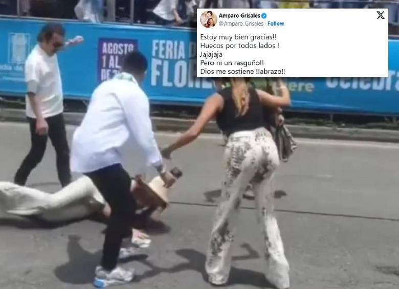 Amparo Grisales, conocida como la “diva de Colombia”, sufrió una caída durante el Desfile de Silleteros, pero afrontó el tema con humor. FOTO redes sociales