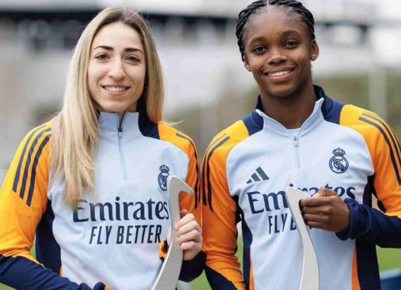 La colombiana Linda Caicedo junto a su compañera del Real Madrid, Olga Carmona, elegidas en el once ideal de la Fifpro. FOTO TOMADA X@FIFPRO