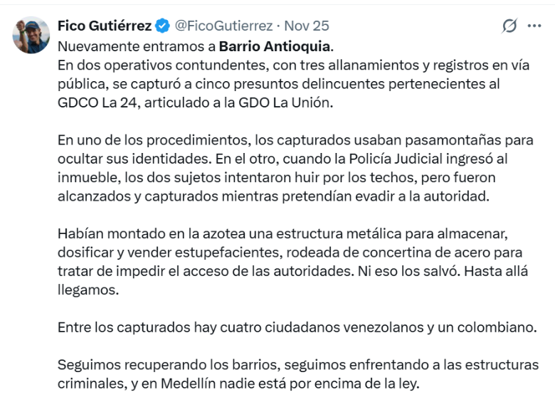 Cinco capturas en Barrio Antioquia se suman a las 815 que van en la comuna 15 Guayabal en 2025