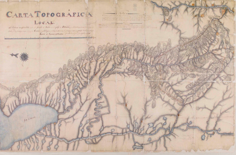 Uno de los primeros mapas que trazaron caminos hacia Urabá. Se trata de la carta topográfica de terreno comprendido entre Turbo en el Golfo de Urabá y Santa Fe de Antioquia. Calculado y dibujado por el ingeniero civil Martín Nugent en 1846. FOTO ARCHIVO GENERAL DE LA NACIÓN DE COLOMBIA