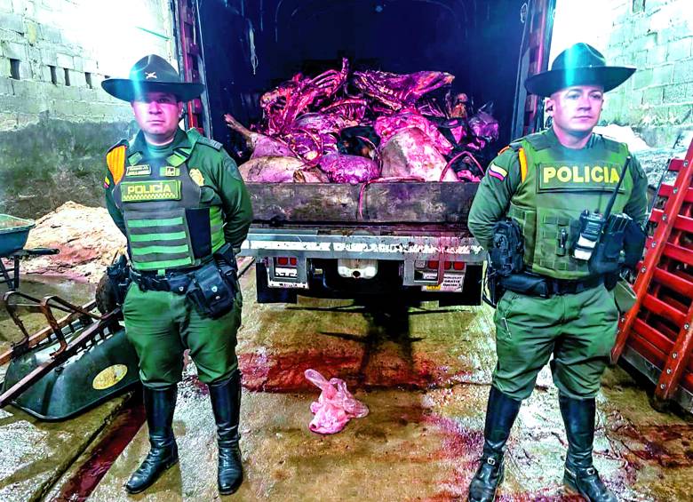 En un operativo realizado en el municipio de Donmatías, Norte antioqueño, las autoridades incautaron 9.000 kilos de carne en malas condiciones. FOTO Cortesía Policía Antioquia.