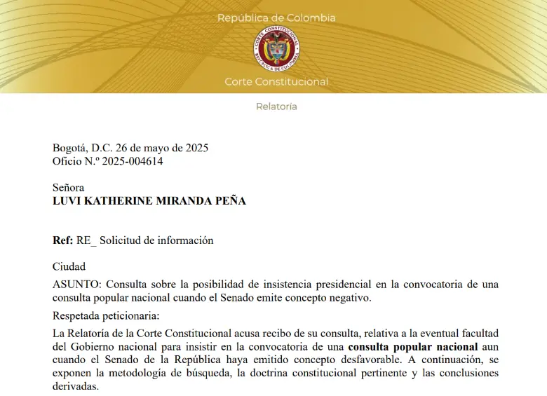 Funcionaria de la Corte Constitucional emitió un “concepto” sobre la consulta, en respuesta a la congresista Miranda, que fue desautorizado