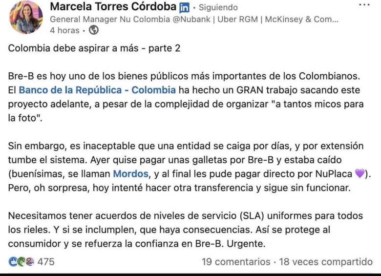 “Es inaceptable”: gerente de Nubank cuestionó caída de Bancolombia y pidió reglas estrictas para Bre-B