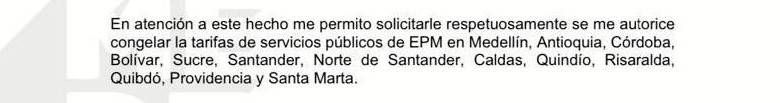 La carta de Quintero pidiendo congelar las tarifas de EPM.