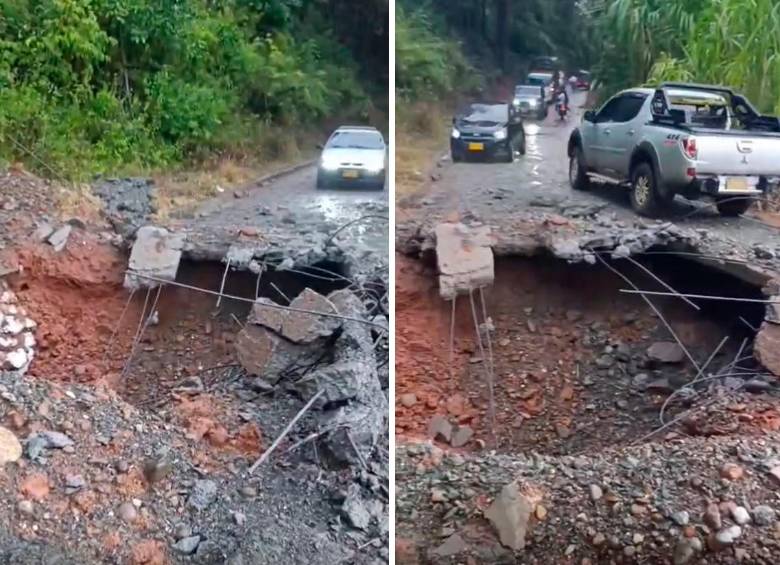 La vía en la cual el rayo detonó el explosivo quedó averiada, en la vereda El Amparo de Suárez, Cauca, con un paso a un carril en mal estado. IMÁGENES TOMADAS DE VIDEO.