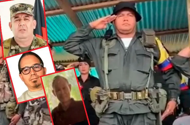 En la imagen principal está Alexánder Díaz Mendoza (“Calarcá”), y en los recuadros salen el general Juan Miguel Huertas; el funcionario de la DNI, Wilmar de Jesús Mejía; y el comerciante chino Jixing Zhang. FOTOS: CORTESÍA.