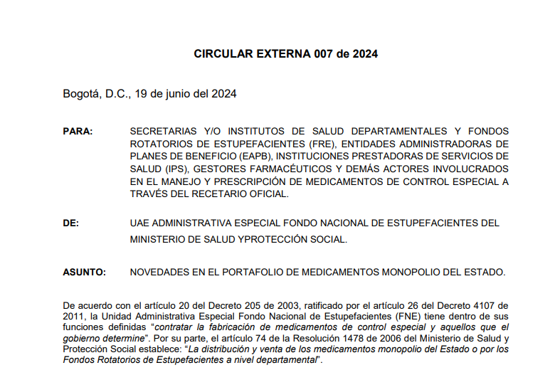 Circular del FNE donde reconoce desabastecimiento de medicamentos.