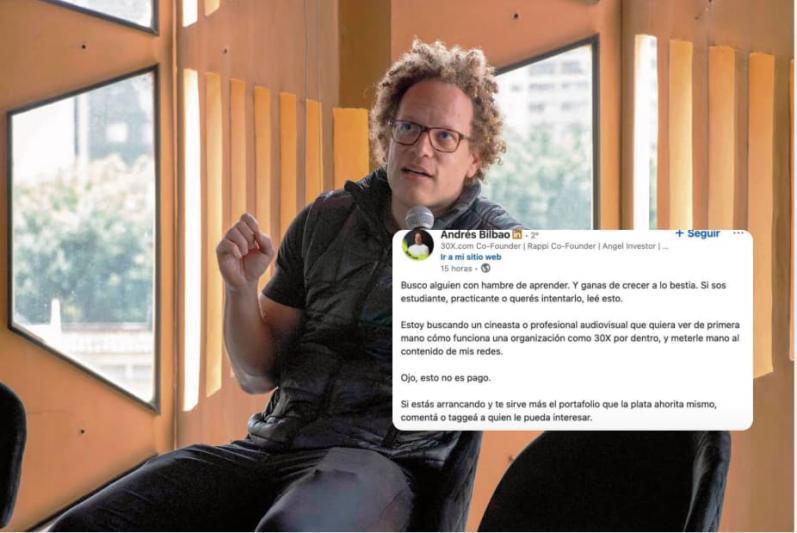 Andrés Bilbao, cofundador de Rappi, aseguró que la publicación que generó la polémica no reflejaba las condiciones reales de la vacante y afirmó que el trabajo siempre contempló remuneración. FOTO: Eafit, Captura de pantalla LinkedIn.