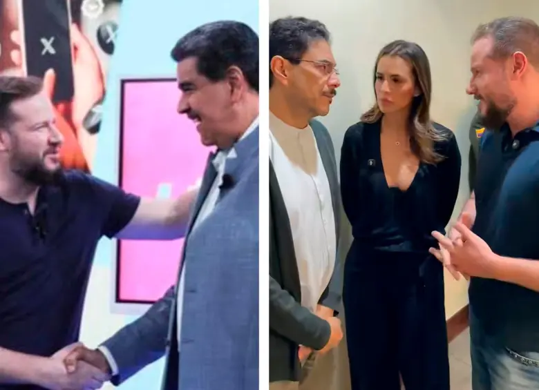 A la izquierda: el influenciador Diego Ruzzarin durante una entrevista que le hizo a Nicolás Maduro. A la derecha: el creador de contenido con Iván Cepeda y la congresista Mafe Carrascal. FOTO CAPTURA DE VIDEO