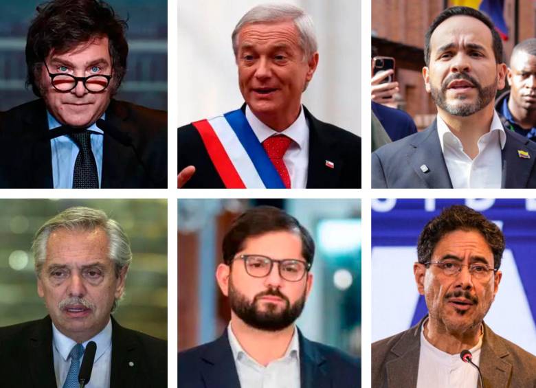 Arriba: los presidentes de Argentina, Javier Milei; de Chile, José Antonio Kast, y el candidato presidencial de Colombia, Abelardo de la Espriella. Abajo: los expresidentes de Argentina, Alberto Fernández; de Chile, Gabriel Boric, y el candidato Iván Cepeda. FOTO COLPRENSA Y AFP