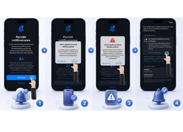 Imagen ilustrativa: paso a paso para activar las notificaciones de terremotos en un iPhone desde la aplicación Clima.