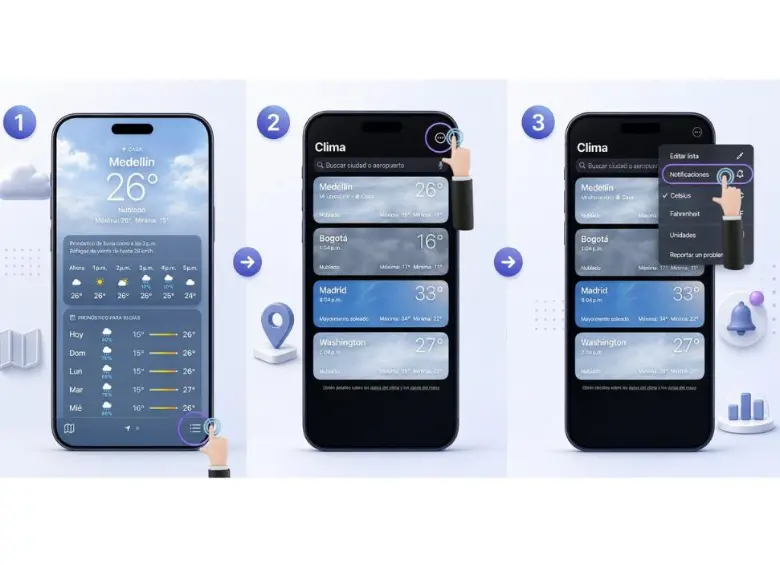 Imagen ilustrativa: paso a paso para activar las notificaciones de terremotos en un iPhone desde la aplicación Clima.