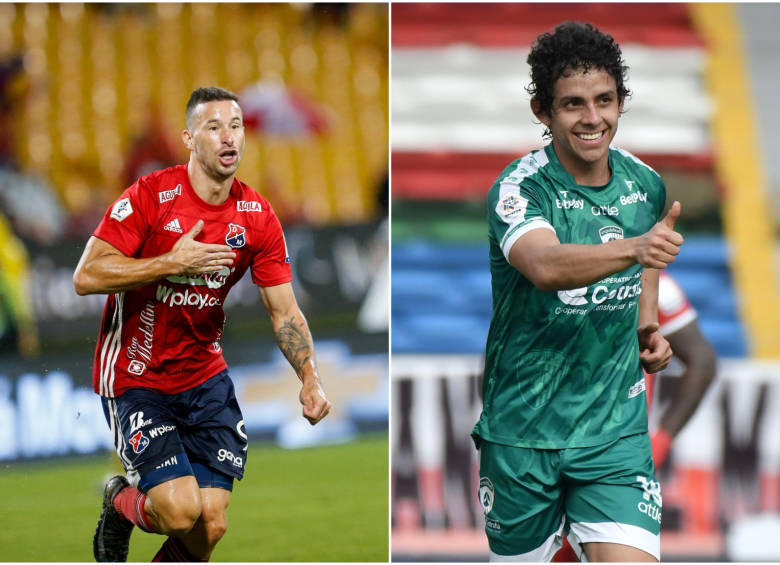 Luciano Pons marcó doblete en el último triunfo del DIM sobre el Deportivo Cali en la Liga de 2022. Por su parte, Daniel Mantilla vuelve al Atanasio, donde quedó campeón con Nacional. FOTOS: CAMILO SUÁREZ Y COLPRENSA 