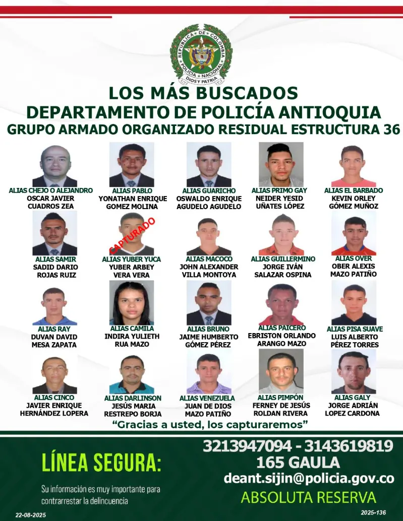 Este es el cartel de los más buscados del frente 36 de las disidencias de las extintas Farc en Antioquia. FOTO Cortesía Policía Antioquia