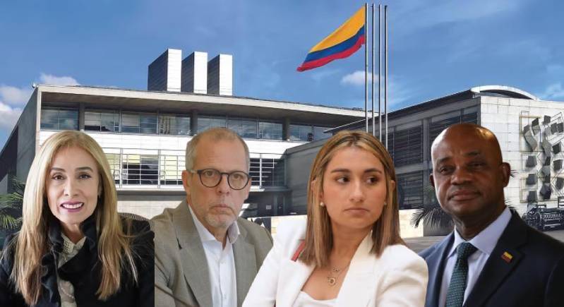 De izquierda a derecha: Viviana León Herrera (gerente de la Imprenta), Alfredo Saade (jefe de despacho presidencial) Laura Sarabia (excanciller) y Luis Gilberto Murillo (excanciller). Fotos: Colprensa, Presidencia, Cancillería, cortesía