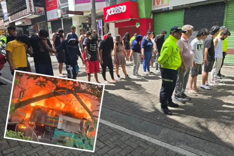 Los 28 integrantes de esta estructura criminal, adscrita al GDO Caicedo, fueron presentados por la Policía Metropolitana. Las autoridades establecieron que ellos estuvieron detrás del incendio de varias propiedades el pasado 9 de mayo en el barrio La Ladera. FOTOS: SANTIAGO OLIVARES TOBÓN Y CORTESÍA