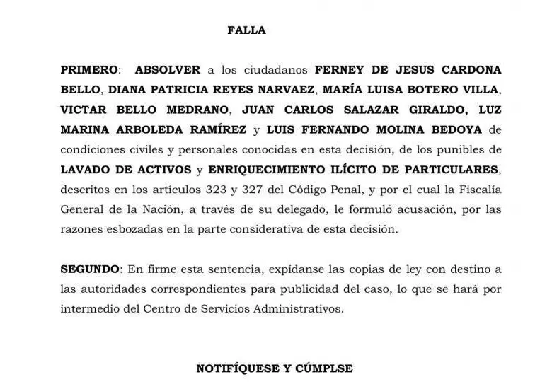 Extracto del fallo del Juzgado Primero Penal del Circuito Especializado de Antioquia, que decretó la absolución de los siete implicados en el caso. FOTO: EXTRACTO DE DOCUMENTO.