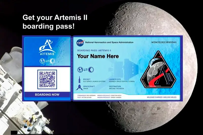 Tarjeta de embarque digital que la Nasa entrega a quienes inscriben su nombre en la misión Artemis II rumbo a la Luna.
