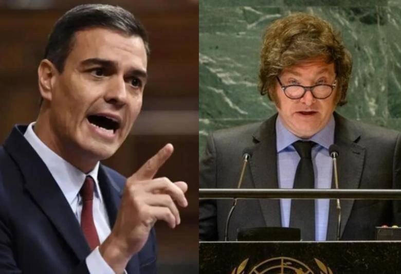 Pedro Sánchez, jefe del Gobierno español, y el presidente de Argentina, Javier Milei. Foto: Colprensa y AFP