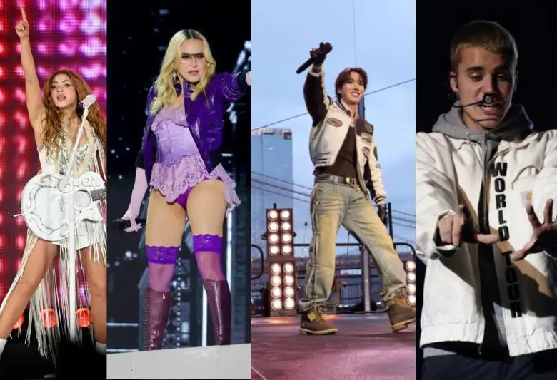 Shakira, Madonna, BTS y Justin Bieber serán algunos de los artistas del show del entretiempo de la final del Mundial 2026. Fotos: Getty Images y Colprensa
