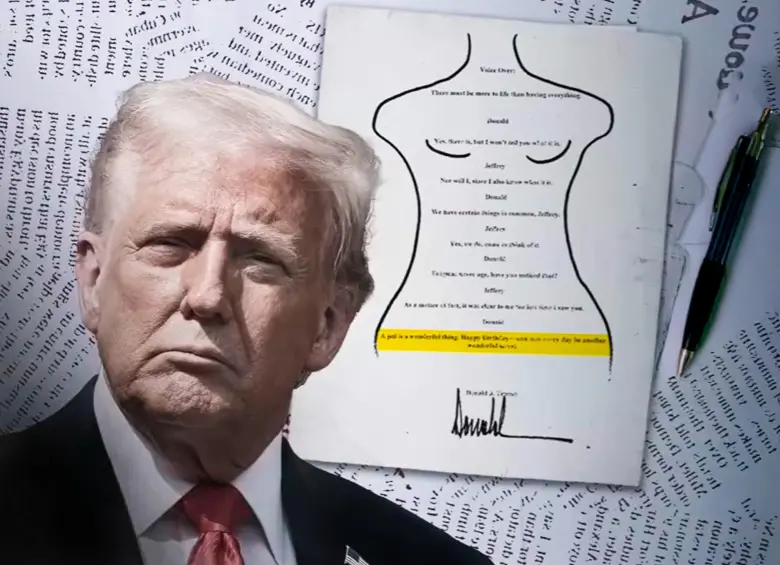 Página del álbum en la que se incluyen el mensaje de Trump a Epstein. FOTO: Captura de video y Getty