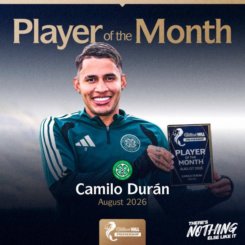 La imagen que publicó la Liga escocesa con Camilo Durán como el mejor jugador del mes de agosto. FOTO @spfl