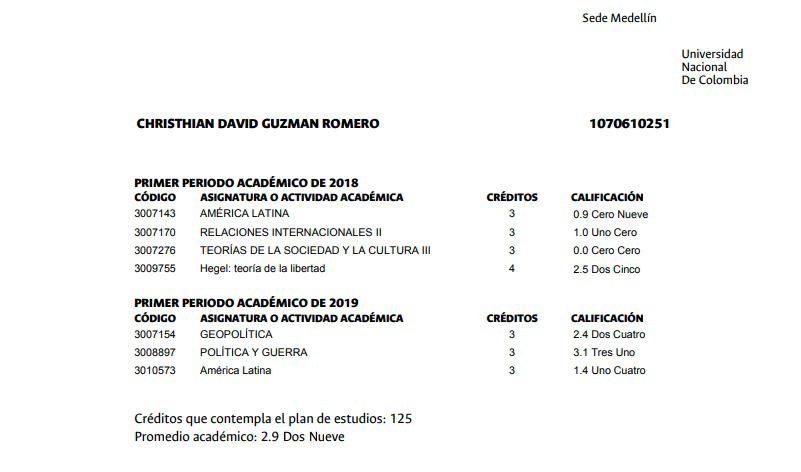 Estas fueron las últimas notas de Christhian David Guzmán en la Universidad Nacional. FOTO CORTESÍA