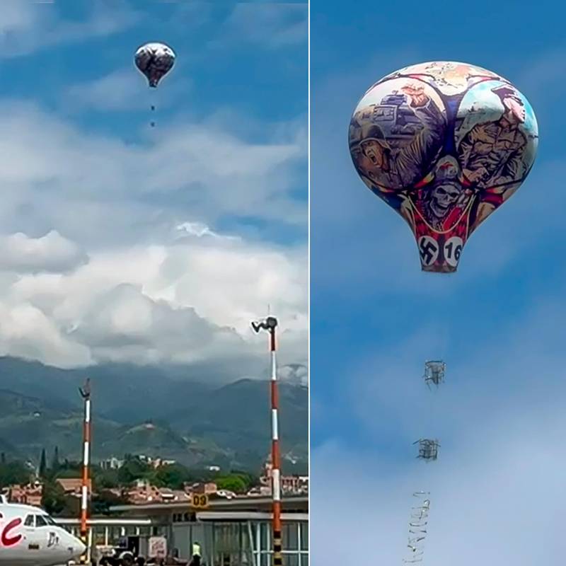 El globo apareció en el horizonte y terminó cayendo sobre el área de la pista del aeropuerto Olaya Herrera de Medellín. FOTOS: Captura de video