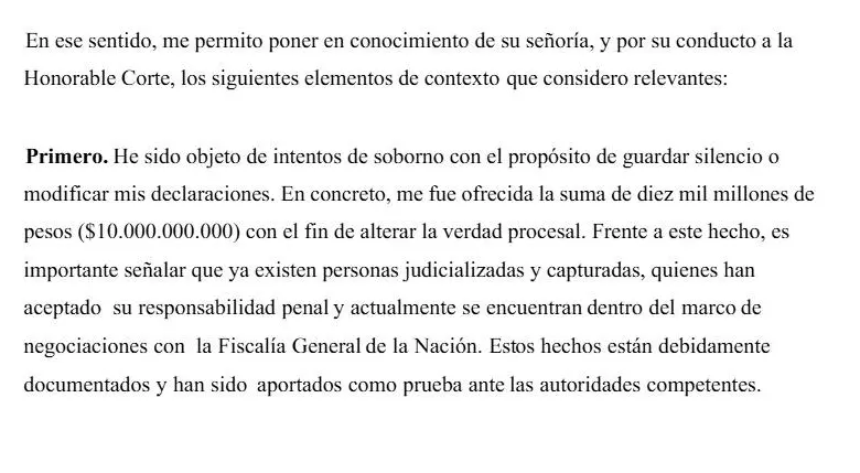 Carta que López le hizo llegar a la CSJ. Foto: Cortesía.