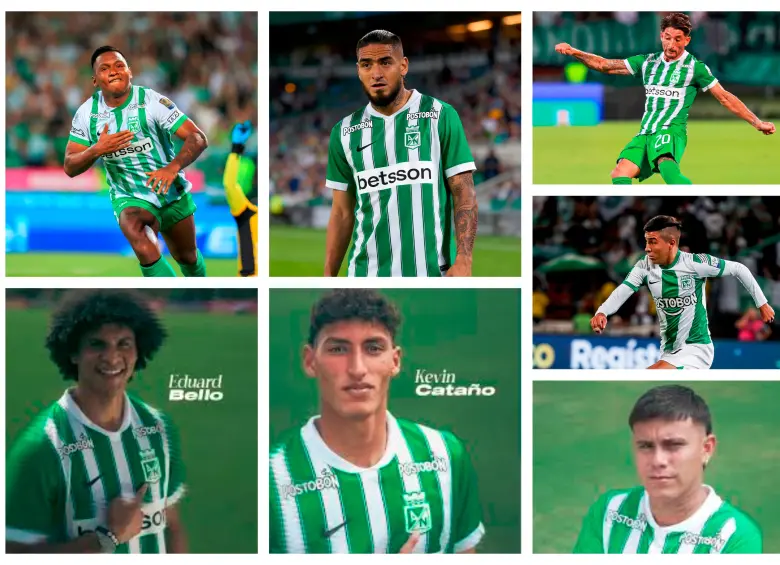 Alfredo Morelos, Chicho Arango, Milton Casco, Eduard Bello, Kevin Cataño, Samuel Velásquez y Nicolás Rodríguez, se espera que sean fichas clave para Nacional este año. FOTO NACIONAL Y EL COLOMBIANO
