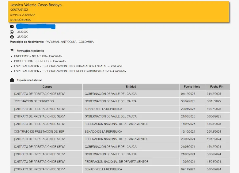 Registros de la hoja de vida de Valeria Bedoya, en el SIGEP. 