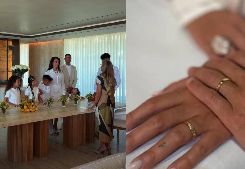 Cristiano Ronaldo y Georgina Rodríguez celebraron una boda íntima en su casa de Cascais, Portugal, acompañados por sus hijos, diez años después de conocerse en una tienda Gucci de FOTO Georgina Rodríguez - Vogue vía Instagram. 