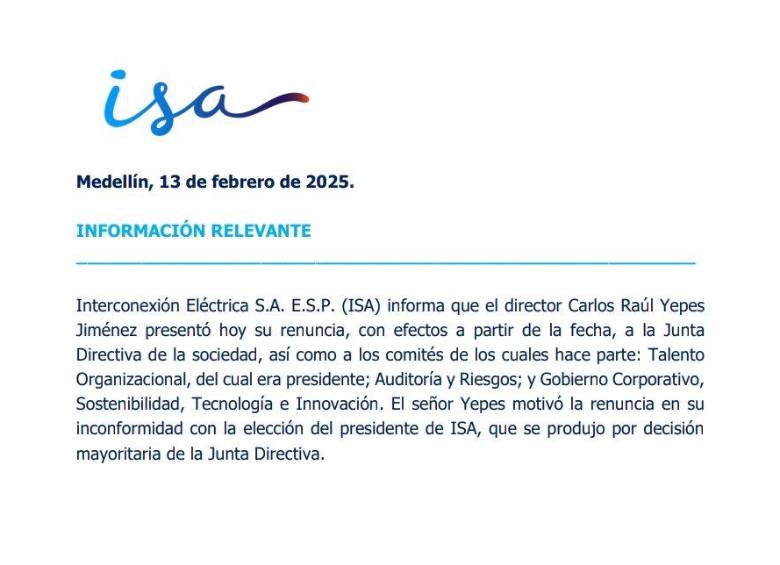 Crece la polémica: Carlos Raúl Yepes renuncia a la junta de ISA por desacuerdo en la elección de Carrillo