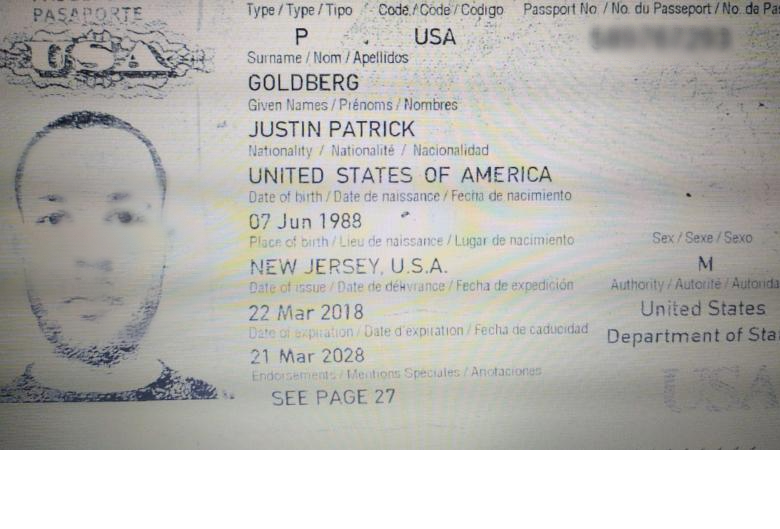 El pasaporte de Justin Patrick Goldberg, fallecido en el centro de Medellín el pasado 9 de febrero. FOTO: CORTESÍA.