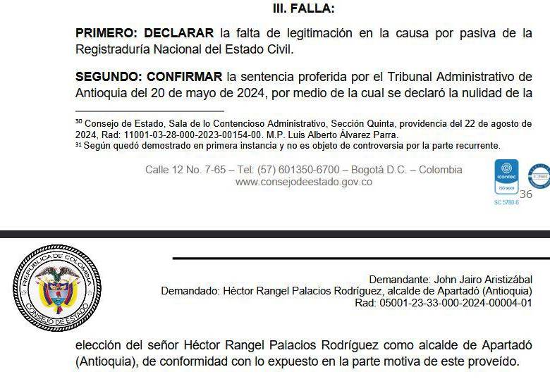 Fallo que ratifica la sentencia del Tribunal Administrativo de Antioquia que señala que Rangel Palacios sí incurrió en doble militancia.