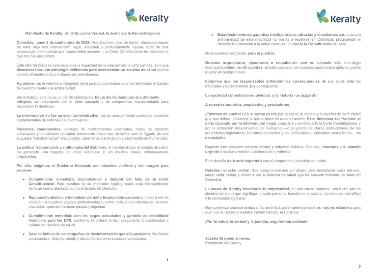 Las dos páginas del documento de Keralty. FOTO: REDES SOCIALES