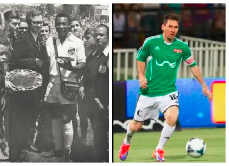 Imágenes de Pelé y Messi en el estadio Atanasio Girardot. FOTOS ARCHIVO EC