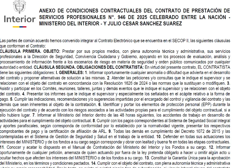 Contrato de Julio César Sánchez con el Ministerio del Interior. 