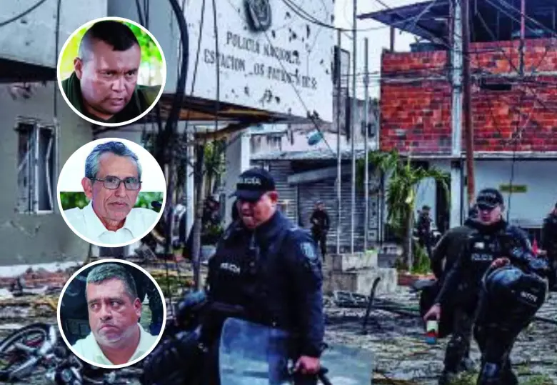 La estación policial, casas y locales vecinos quedaron seriamente afectados por el carrobomba en Los Patios, Norte de Santander. De arriba a abajo, “Calarcá”, “Walter Mendoza” y “Araña”, cabecillas de las disidencias. FOTO AFP y redes sociales.