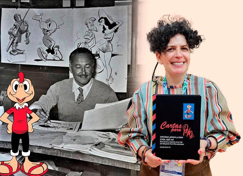 Al fondo el chileno René Ríos Boettiger con su mayor creación, Condorito. A la derecha la escritora Claudia Stern, autora del libro que explora la vida del dibujante latinoamericano. FOTOS Cortesía