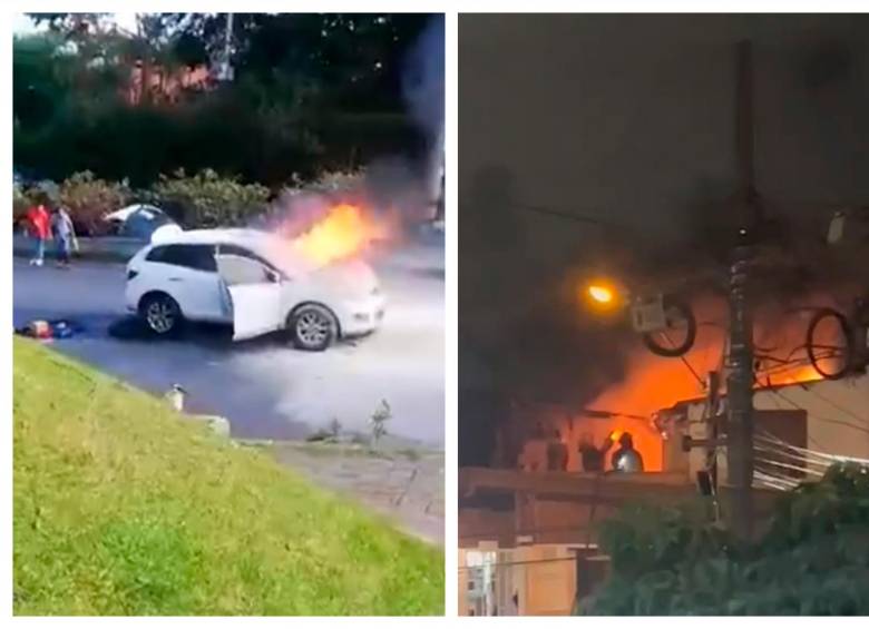 A la izquierda, el incendio de un carro en la Loma de los Balsos. A la derecha, la conflagración en los alrededores de un motel del barrio La América. FOTOS: CORTESÍA