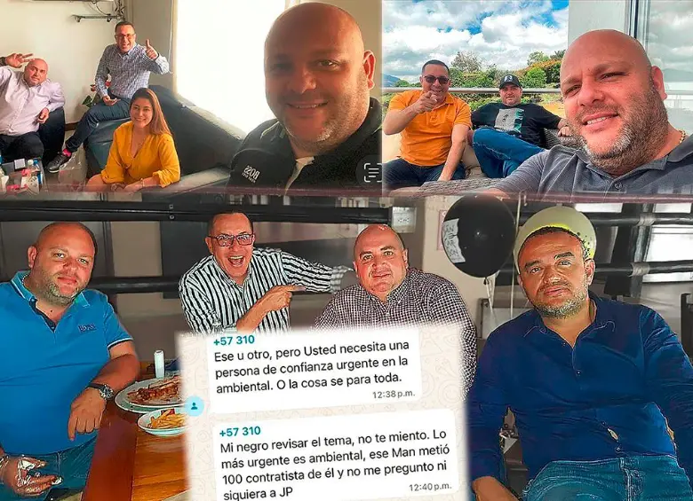 Arriba, Álvaro Villada, Jorge Liévano y Miguel Quintero en una finca; en medio, los mismos tres con Edison López en un restaurante de Laureles; Abajo, Liévano, Villada y Quintero con Alethia Arango, otra imputada por presunta corrupción. FOTOS CHAT DE “AMIGOS”