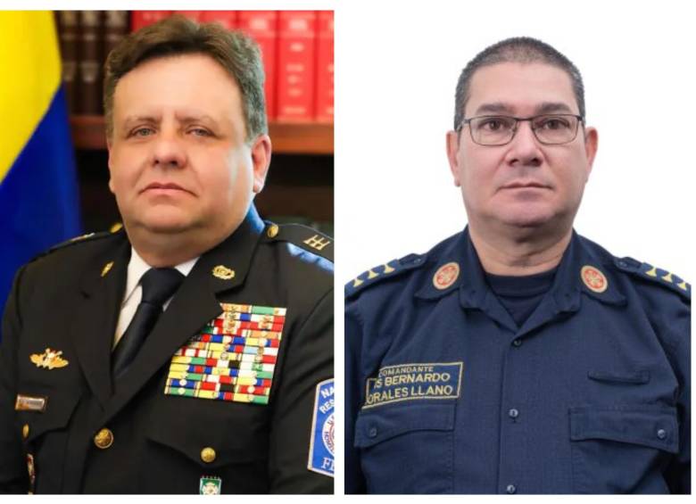 El comandante del Cuerpo de Bomberos de Envigado, Luis Bernardo Morales, y el recién nombrado director nacional de Bomberos, capitán Germán Andrés Miranda Montenegro, declarado insubsistente. Foto: Cortesía