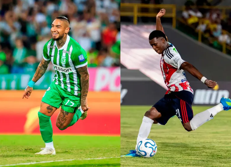 Cristian “Chicho” Arango, experimentado jugador de Nacional, y Joel Canchimbo, juvenil de exportación en Junior. FOTO JUAN ANTONIO SÁNCHEZ 