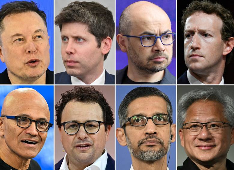 De arriba a la izquierda, en el sentido de las agujas del reloj: CEO de Tesla y X, Elon Musk; CEO de OpenAI, Sam Altman; cofundador y presidente de DeepMind, Demis Hassabis; CEO de Meta, Mark Zuckerberg; CEO de Microsoft, Satya Nadella; CEO de Anthropic, Dario Amodei; CEO de Google, Sundar Pichai; CEO de Nvidia, Jensen Huang. Los principales ejecutivos de IA dicen que quieren frenar el ritmo vertiginoso del desarrollo de la inteligencia artificial, pero la competencia, la reticencia del gobierno estadounidense y los factores geopolíticos se interponen en el camino. Foto: AFP