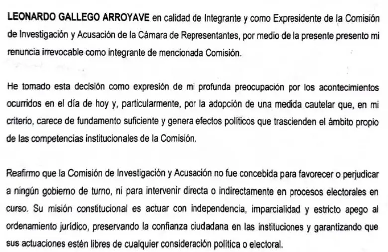 Carta de renuncia de Gallego.