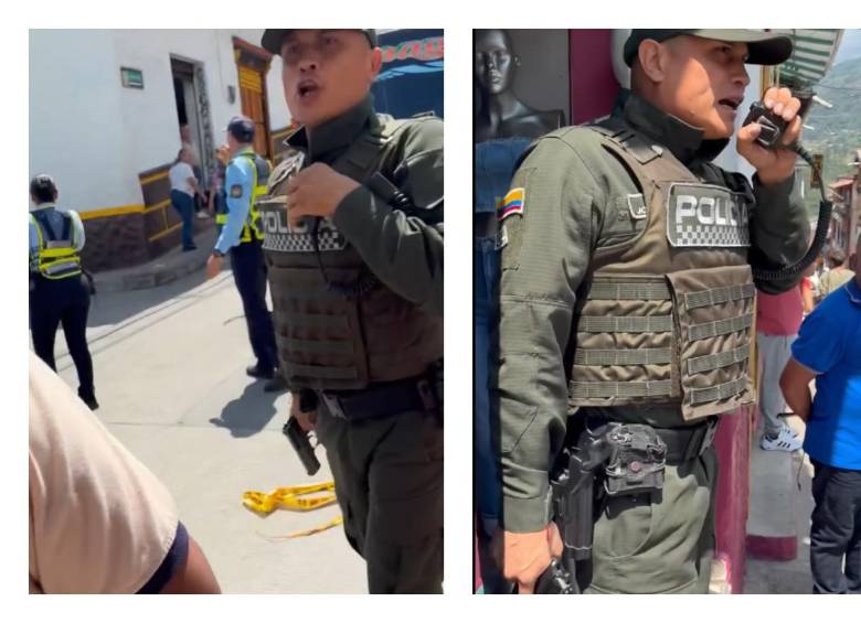 El subcomandante de la Policía de Amagá, en una acalorada discusión con los presentes en el evento. FOTO Cortesía. 